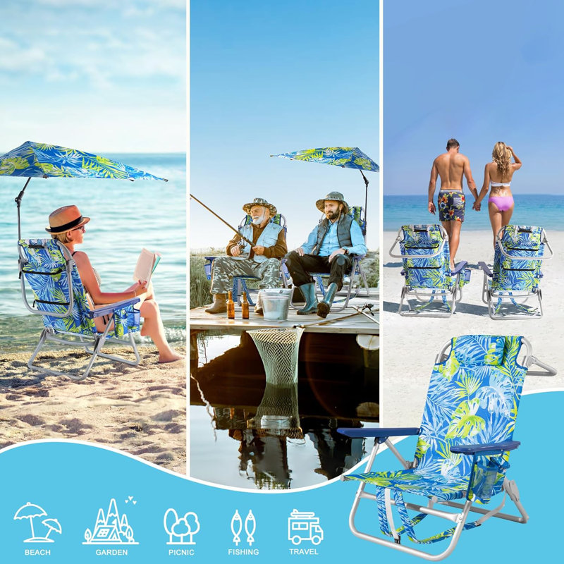 Beach Chair, Backpack Chairs For Adults With Adjustable Umbrella， Adjustable Lounge Chair For Seaside, Blue/Green Floral, 1