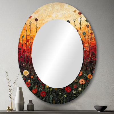 Red Sunset Wildflowers Glory I - Miroir décoratif floral ovale sur métal
