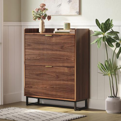 Shoe Storage Cabinet with 2 Flip Drawers, Narrow Wood Hidden Fluted Shoe Rack Organizer Cabinet