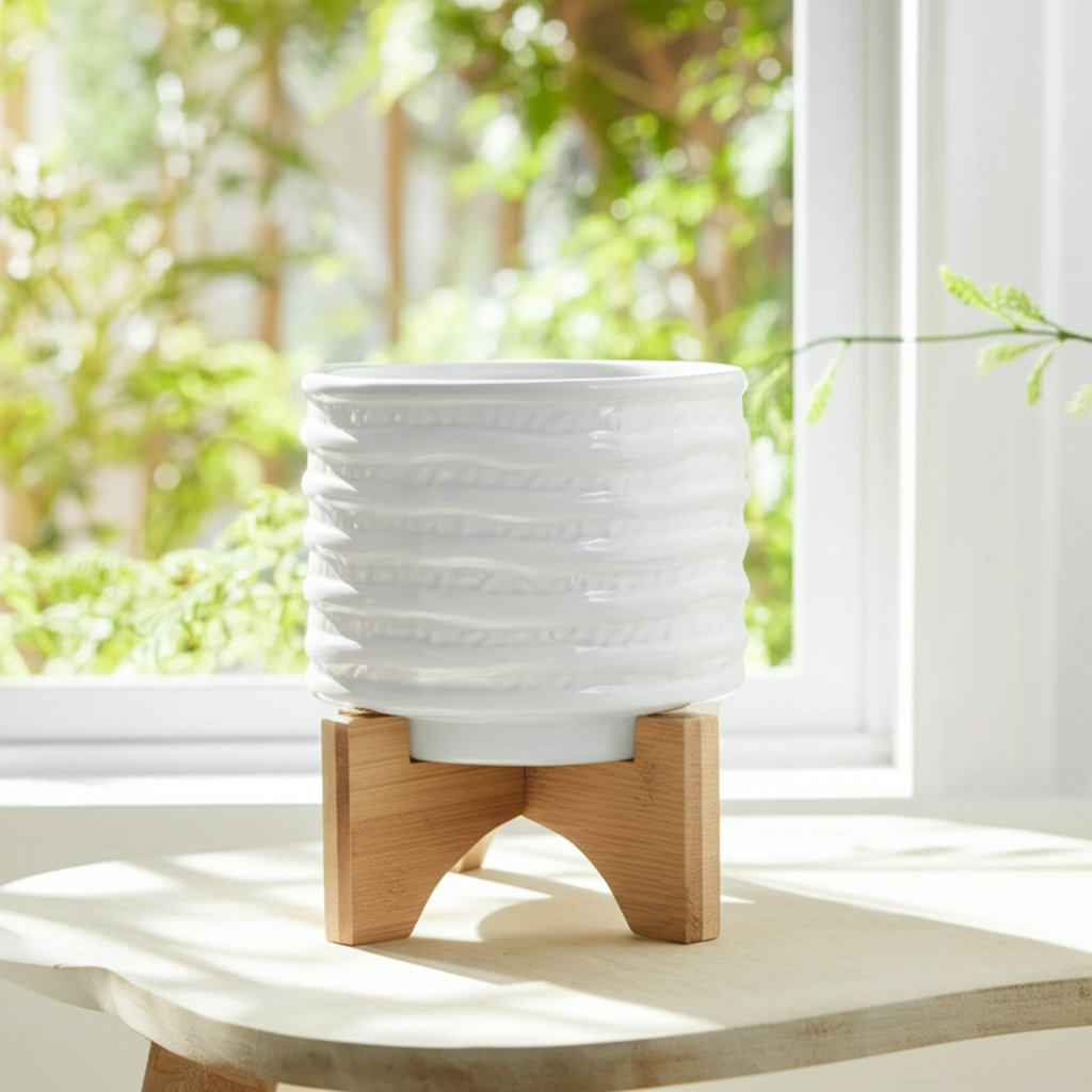 Ceramic Pot Planter, 7" H x 6" W x 6" D, White