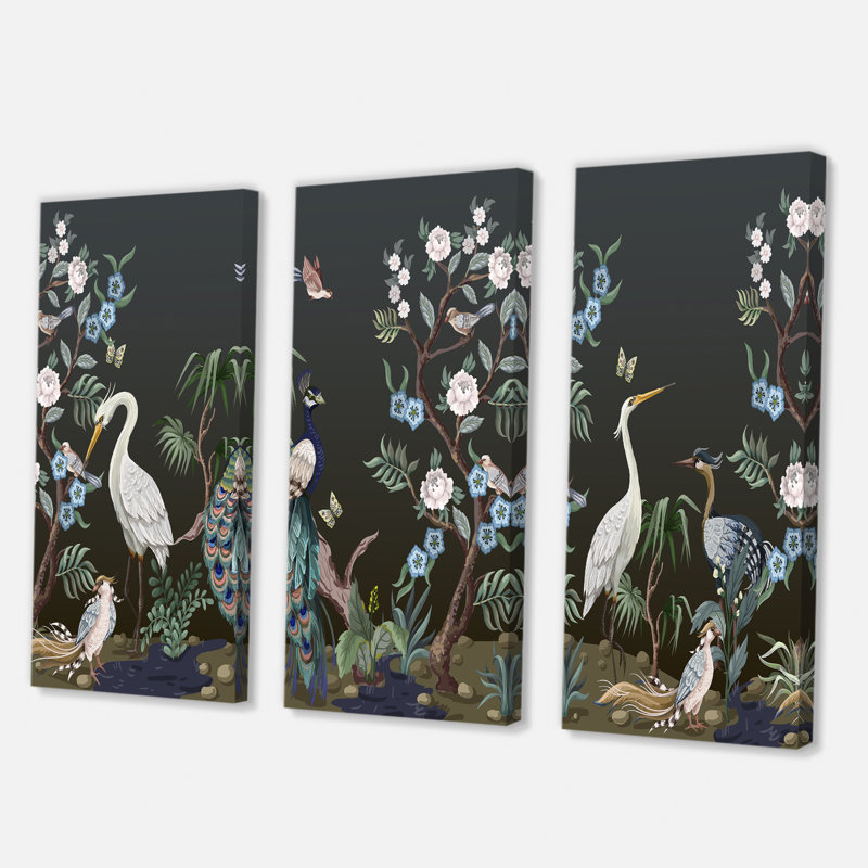 Chinoiserie avec oiseaux et pivoines IV - peinture sur toile tendue 3 pièces