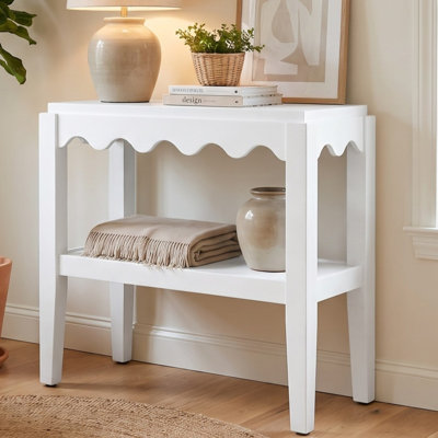Elegant White 28" W x 17" D x 28" H Accent Table with Scalloped Edge and Two-Tier Storage