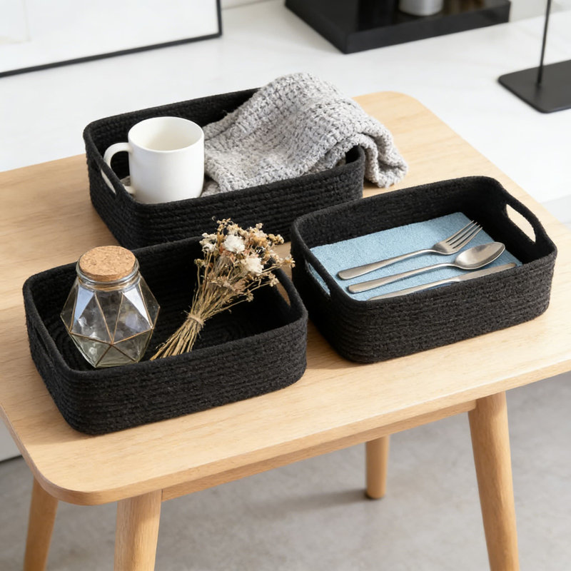Woven Rope Storage Baskets 3-Pack, Collapsible Organizer Bins For Shelves, Closet, And Home Organization, Rectangular Decorative Baskets For Towels, Toys, And Essentials