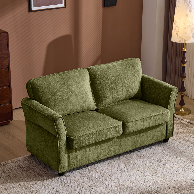 Causeuse compacte à accoudoirs floraux en chenille pour 2 personnes, Vert olive