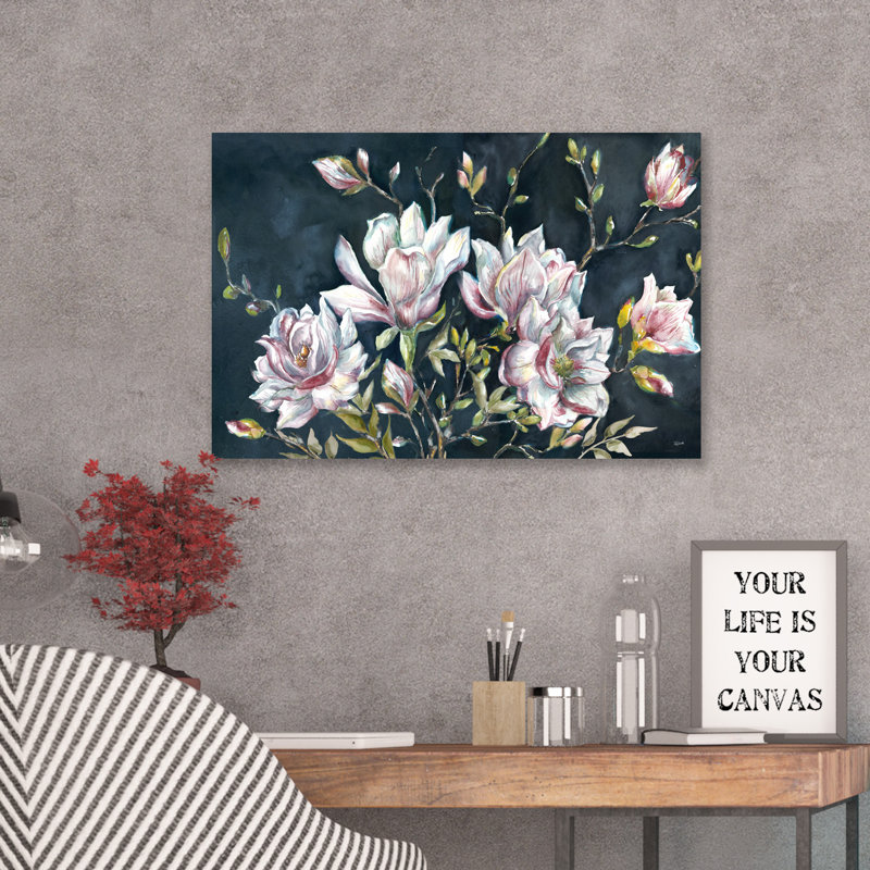 Magnolia On Black by Tre Sorelle Studios - Wrapped Canvas Print, 30.48cm H  x 45.72cm W
