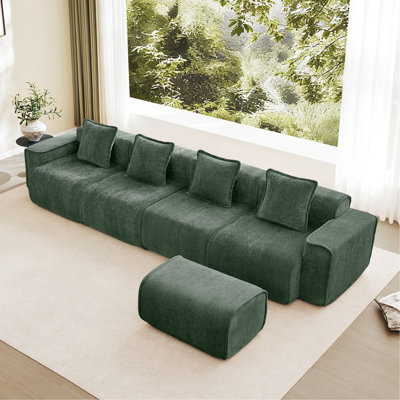 Canapé modulaire en L à 4 places avec passepoil à bordure française, sans assemblage requis, canapé à 4 places avec coussins décoratifs et 1 repose-pieds mobile, tissu de velours