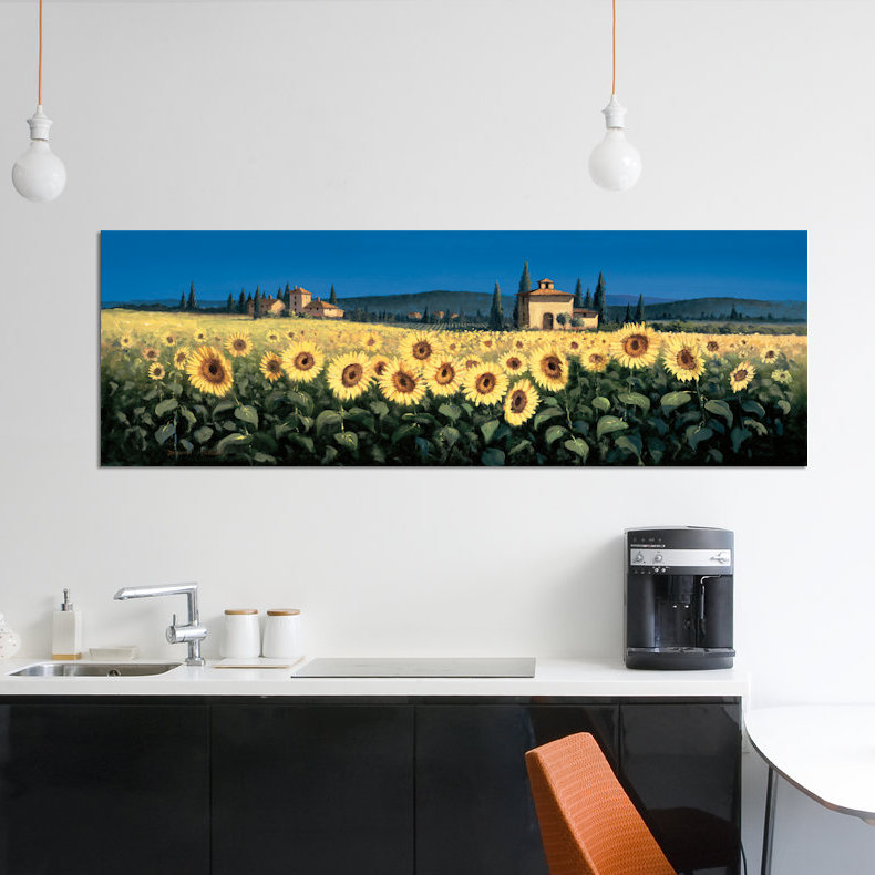 «Tuscan Panorama, Sunflowers» par David Short, reproduction sur toile tendue sur châssis, H 12 po x l 36 po x P 1,5 po