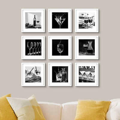 Noir, blanc, vin, martini, cocktails, nourriture, boissons, photographie, art moderne, célébrations culinaires minimales - ensemble de 9 reproductions de cadres photo