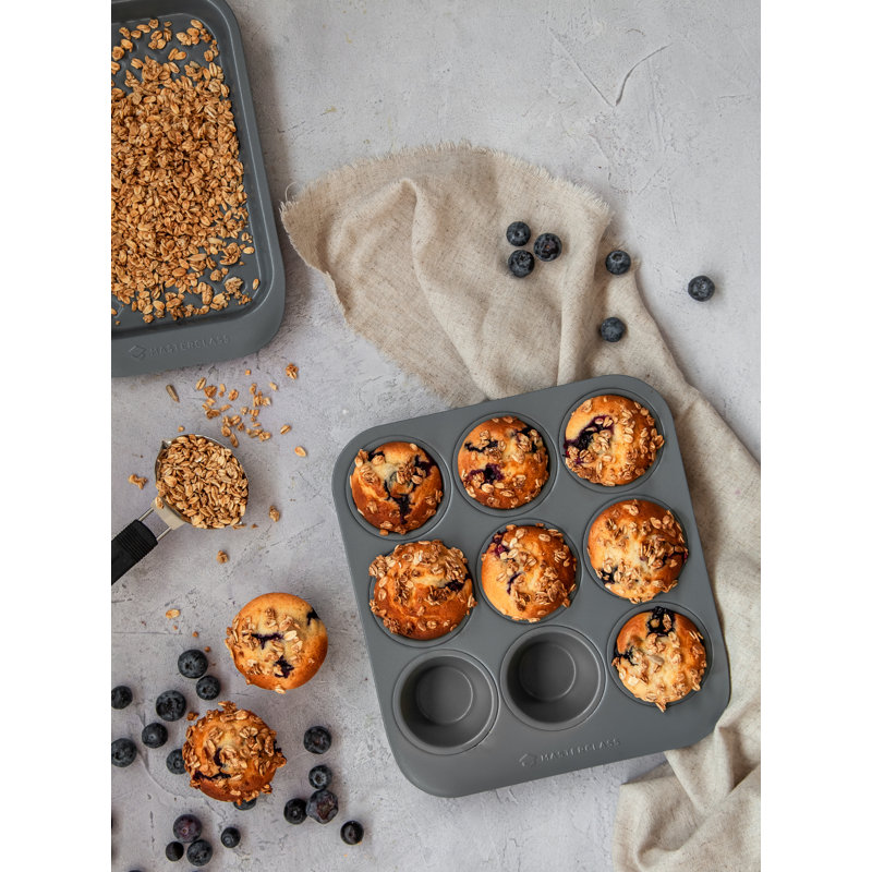 MasterClass Smart Ceramic Muffin Tray with Robust Non-Stick Coating, Carbon Steel, Grey, 24 x 22cm