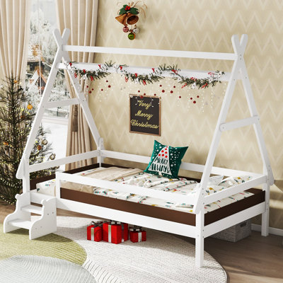 Lit plateforme simple avec escaliers, structure de lit pour enfant en bois massif, conception amusante à profil bas, blanc