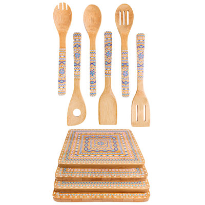 BergHOFF Bamboo 10Pc Patterned Utensil and Trivet Set