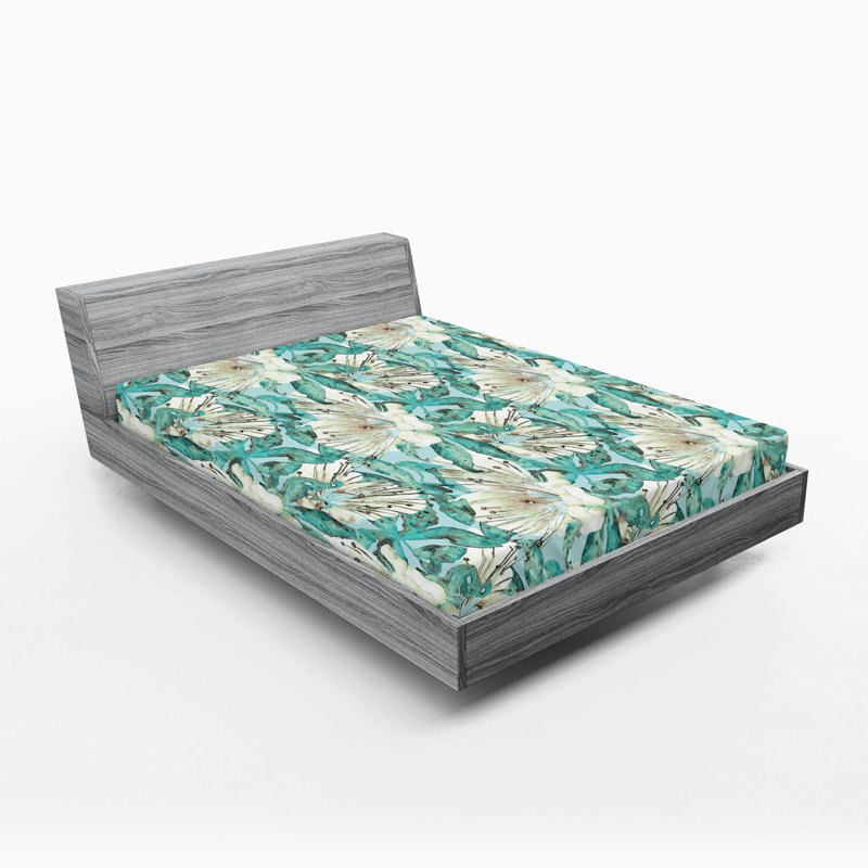 Drap-housse floral Ambesonne, Ivoire / écume de mer / motif floral turquoise, Drap-housse grand