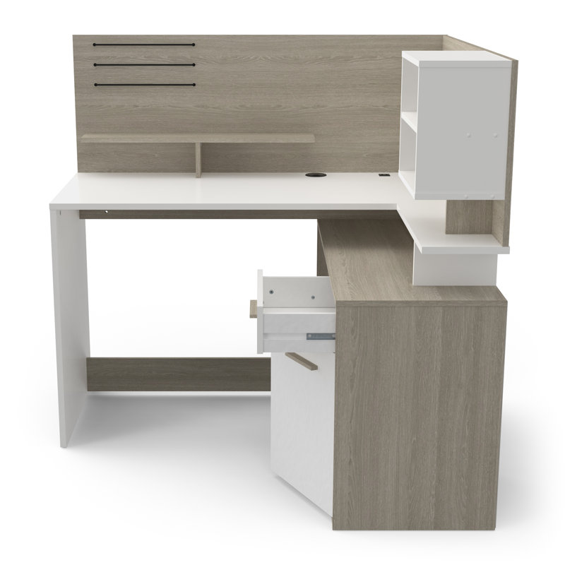 Senovio L-Shaped Writing Desk, White/Light Oak