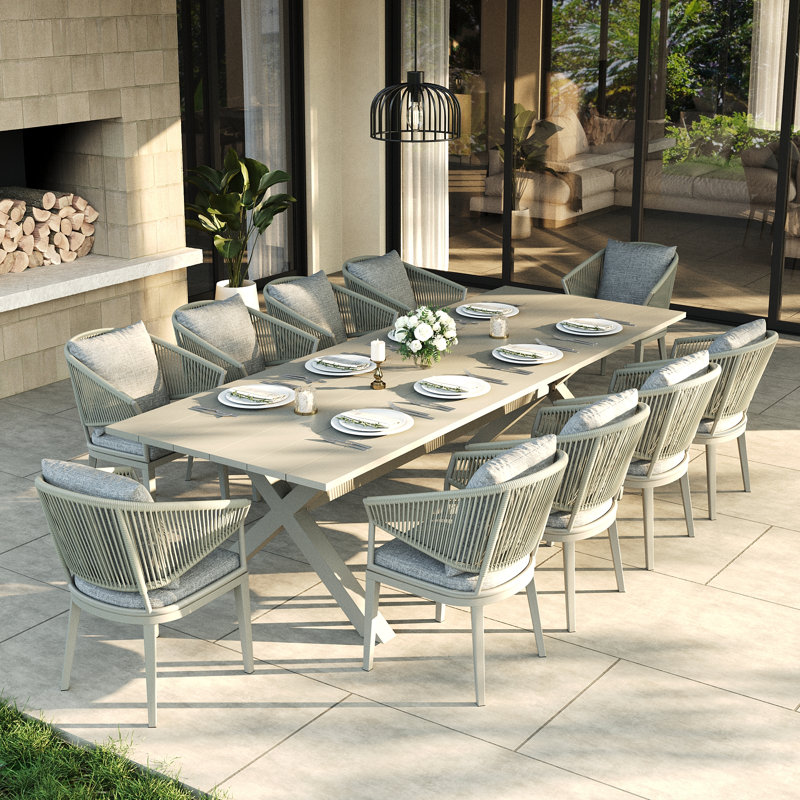 10 - Person Rectangular Outdoor Dining Set With Cushions, Light Gray Cushion/White Frame, 10