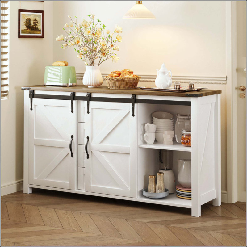 Buffet avec rangement, armoire de rangement de ferme avec portes de grange coulissantes et 4 tiroirs, table de buffet en bois avec prise de courant