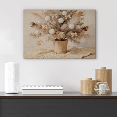 Christmas Holiday Celebration Neutral Toned Boho Christmas Tree with Feathers and Bows Print Pictures Frame Canvas Print Wall Art