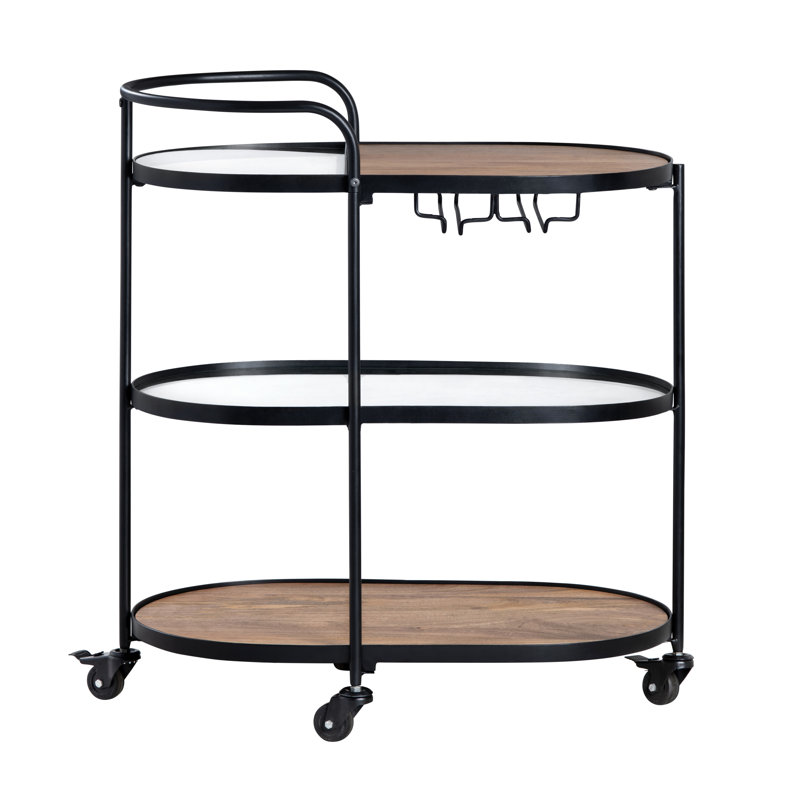 Chariot-bar en bois et en métal à 2 tablettes avec roulettes