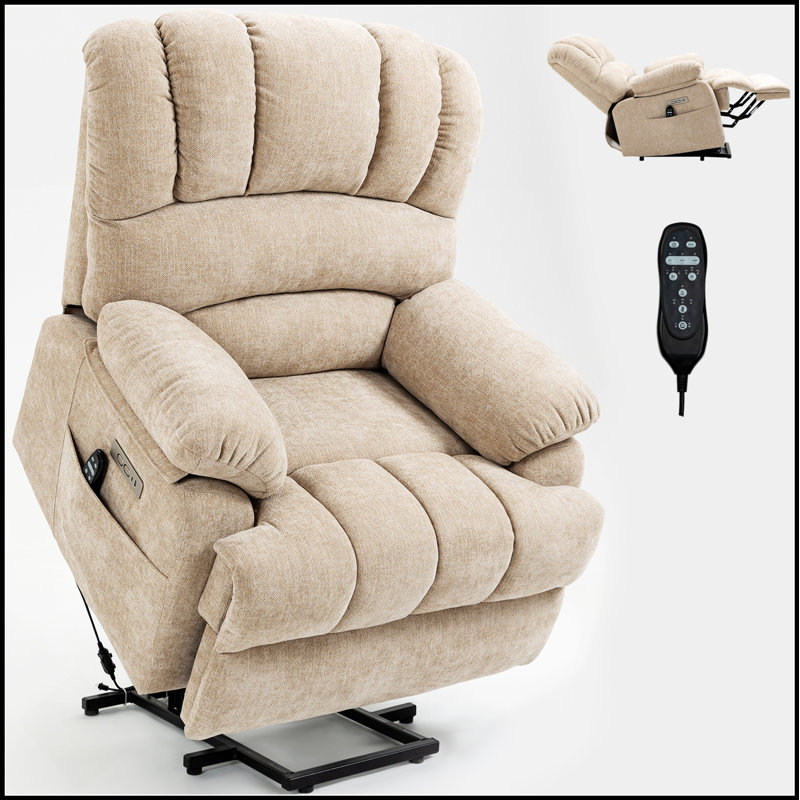 23 Inch Seat Width High Back Beige Chenille Power Lift Recliner With Vibration Massage And Lumbar Heating, Beige