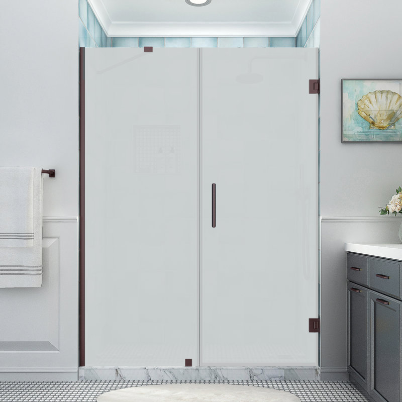 Belmore XL 59.25 - 60.25 in. W x 80 in. H Frameless Hinged Shower Door, Bronze, Frosted Glass