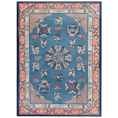 1900s Blue Medallion Greek Antique Chinese Peking Rug 6' 2" x 8' 7" Wool Carpet