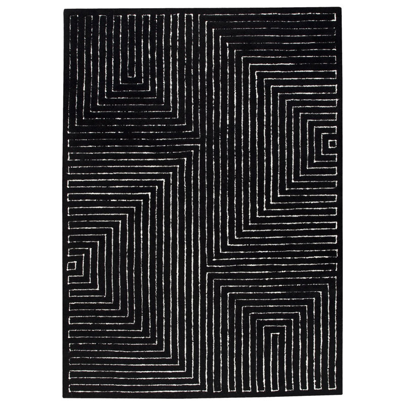 Patchwork en laine/coton noir noué à la main Tapis décoratif, Carré 5 pi 6 po x 7 pi 10 po