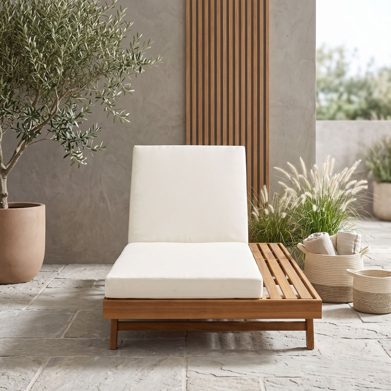 Chaise longue d'extérieur en bois avec coussin, Teck crème
