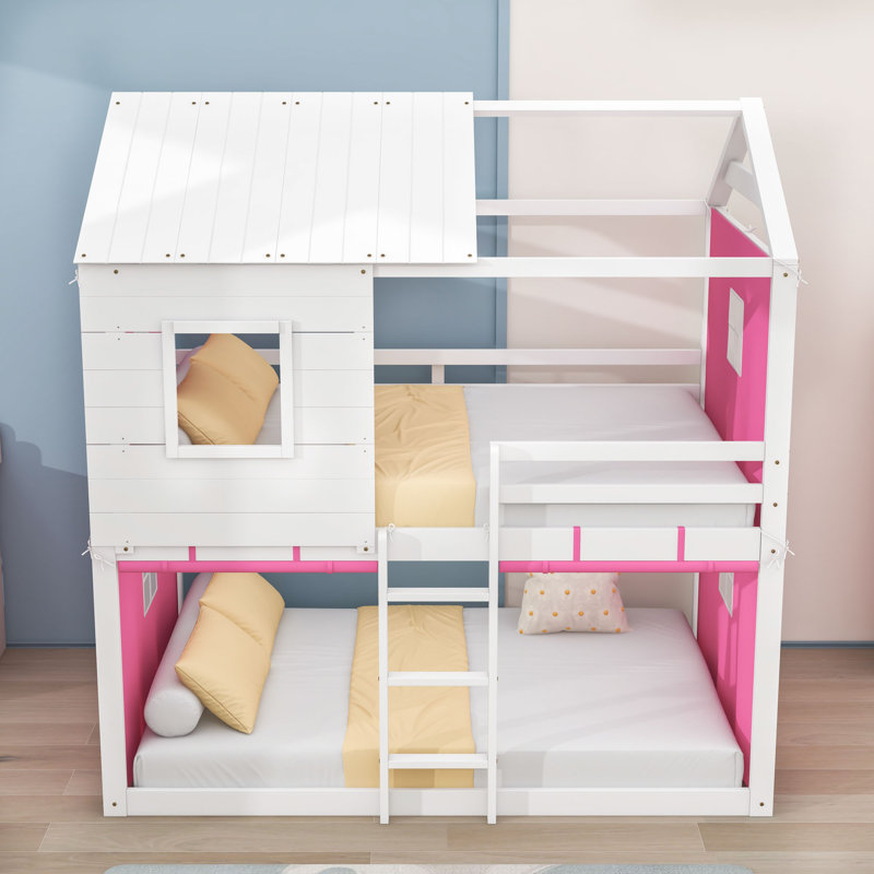 Frame House Bed With Tent And Ladder, Pink White, Full Over Full