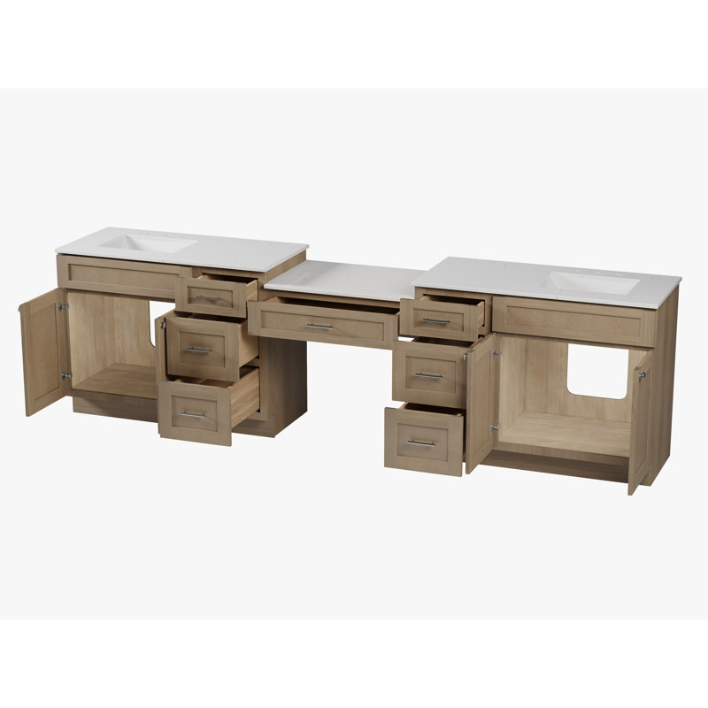 Disar 120" Double Bathroom Vanity With Desk Dovetail Solid Wood Drawer Carrara Quartz Top, Natural Oak