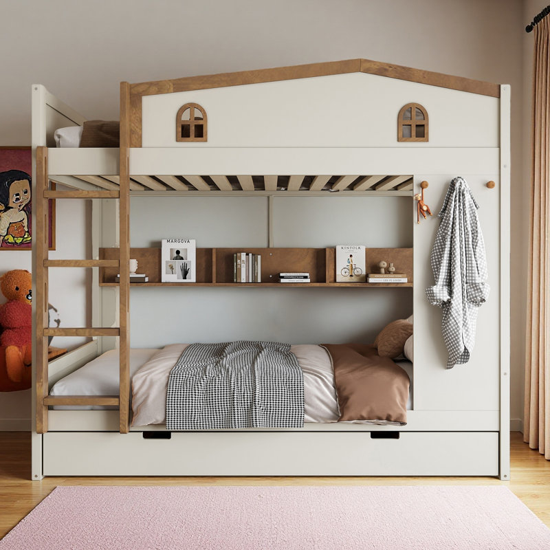 Lit superposé avec lit gigogne et tablettes de rangement, lits superposés en bois massif avec crochets, aucun sommier nécessaire