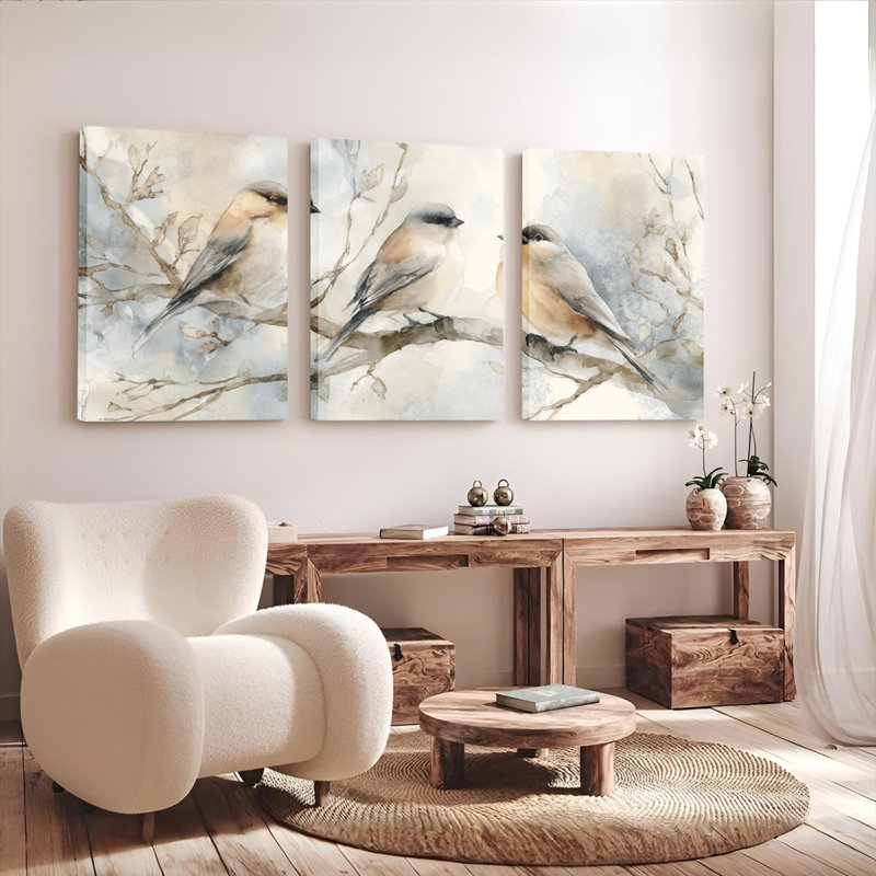 Ensemble de 3 tableaux aquarelle d'oiseaux sur des branches, sur toile tendue, pour la décoration du salon, de la chambre et de la maison.