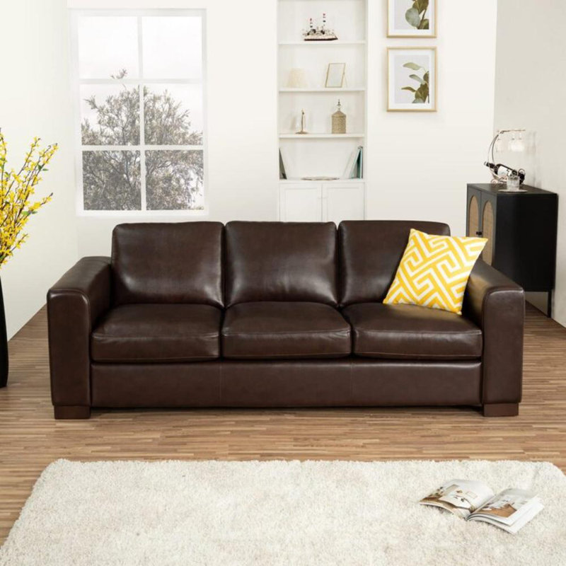 Oversized Genuine Leather Sofa – Deep Seat Square Arm Couch for Contemporary Living Room, Espresso Genuine Leather