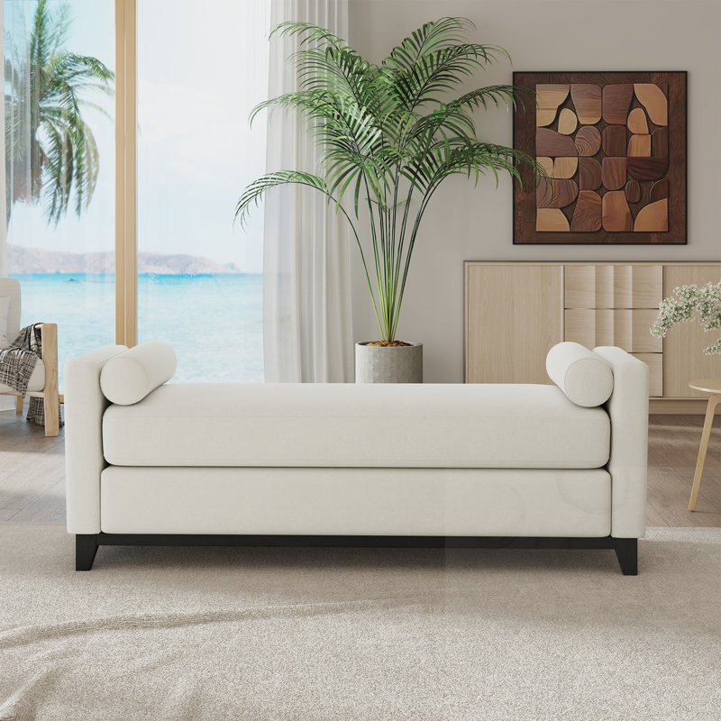 Banc rembourré avec pieds et coussin, Beige et noir, Beige, Noir