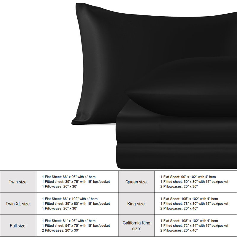 Lustrous Satin Bed Sheet Set Luxury Soft Durable, Black, Full Sheet Set with 2 Pillowcases
