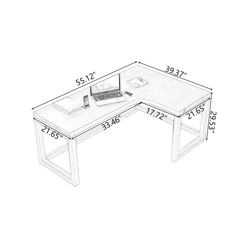 Bureaux en bois massif en L 55,12 po, Retour à droite, H 29,53 po x l 55,12 po x P 21,65 po