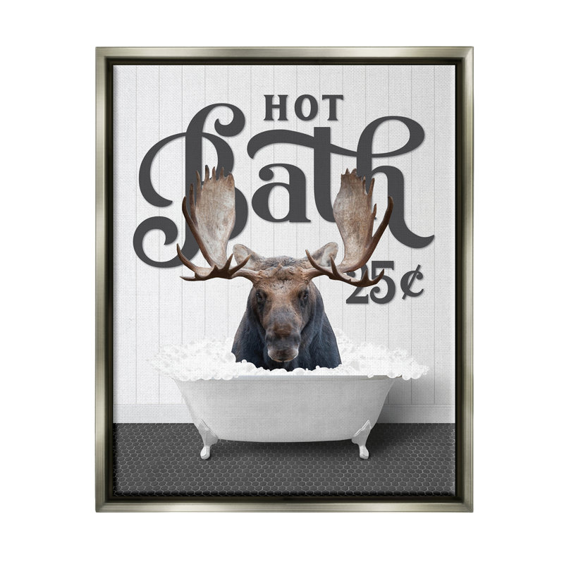 «Vintage Hot Bath Moose», art mural encadré sur toile flottante par lettré et doublé, Cadre flottant gris lustré