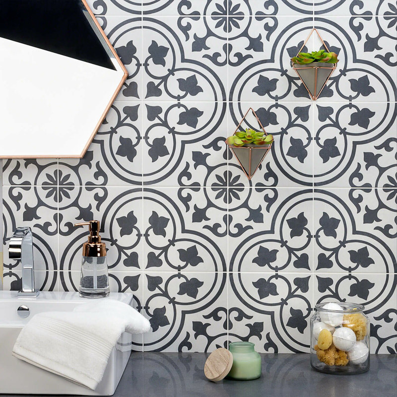 Cascais 9X9 Matte Encaustic Cement Look Porcelain Tile, White Ornate