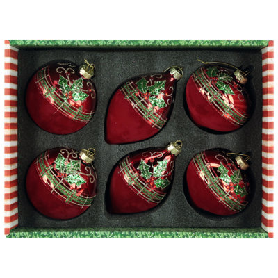 Holly Trim Velvet Ornament, Box Of 6- 4-5 Inches