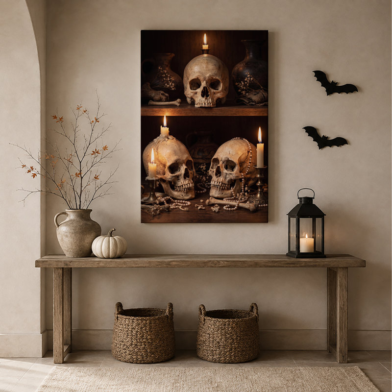 Art rétro sur toile, crânes humains rétro avec bougies allumées et perles, H 48 po x l 32 po