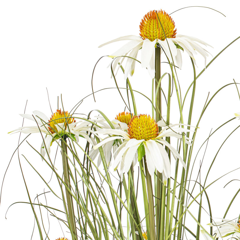Herbe verte et marguerites artificielles en pot., H 37 po x l 24 po x P 24 po