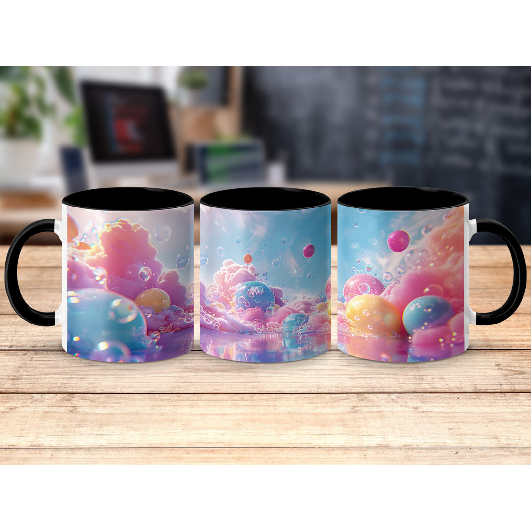 Set of 4 Colourful 3D Design 11oz Accent Mugs – White Ceramic Coffee Cups with a Black Handle and Interior
