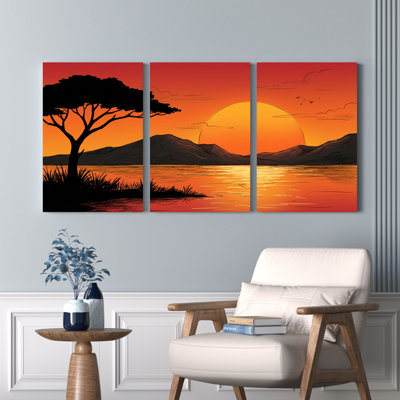 Ensemble de 3 toiles murales imprimées représentant un paysage de coucher de soleil avec des arbres et des montagnes