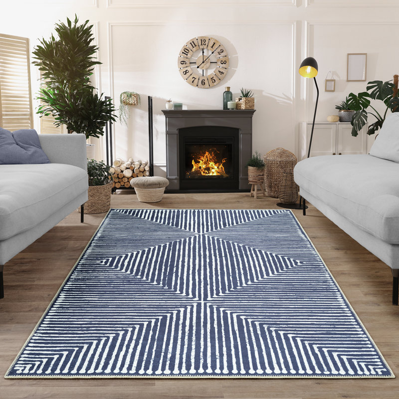  Tapis lavable antidérapant - Tapis rayé bleu pour le salon, la chambre à coucher, la salle à manger et la cuisine