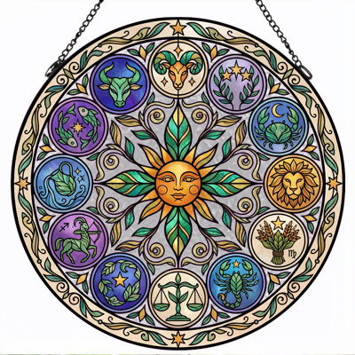 Zodiac Sun Stained Glass Window Panel，7.8H