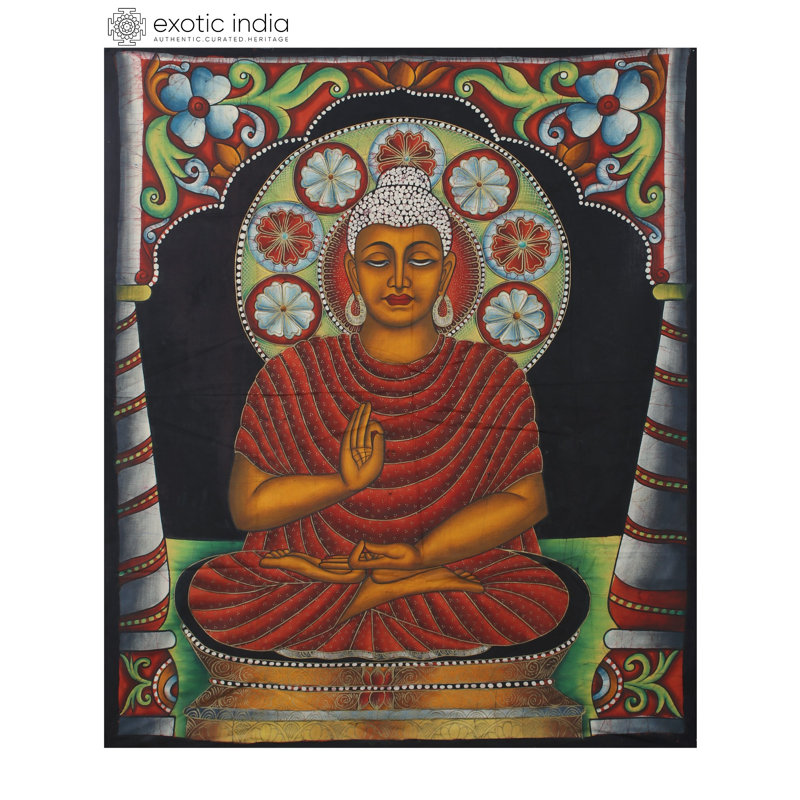 Peinture batik de Bouddha de Bouddha faite à la main sur coton - grand art mural spirituel, pose méditative, fond de mandala vibrant, décor de textile indien
