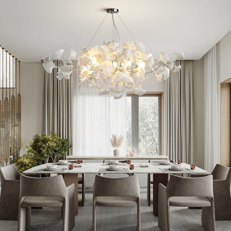 47" 6-Light Ceramic Ginkgo Leaf Chandeliers, Silver