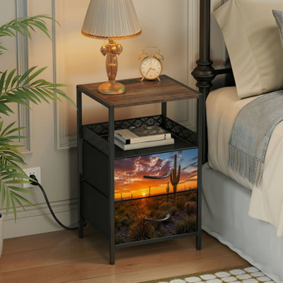 Table de chevet 2 tiroirs avec station de charge, table de chevet pour chambre avec ports USB et amp; «Outlets Open Shelf» noir, table de chevet avec paysage coucher de soleil du désert de l'Arizona