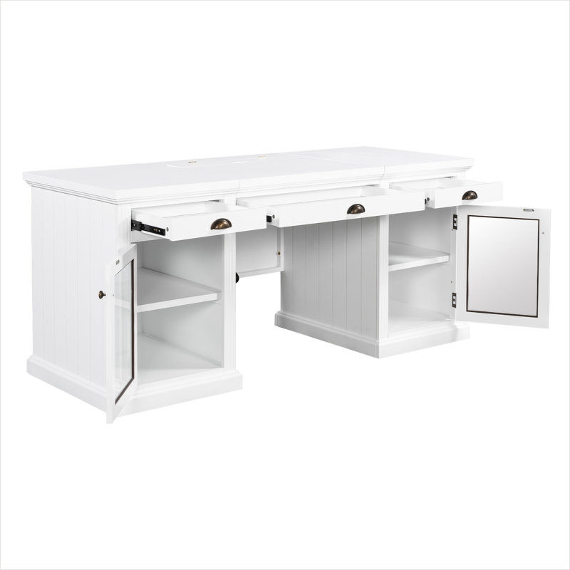 Bureau de direction 67 avec rangement et puissance, poste de travail rectangulaire moderne en bois massif et panneau de fibres à densité moyenne blanc