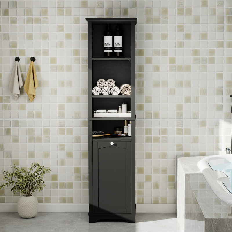 Grande armoire de rangement pour salle de bain avec tablettes ouvertes et panier à linge, Noir, noir, noir, noir