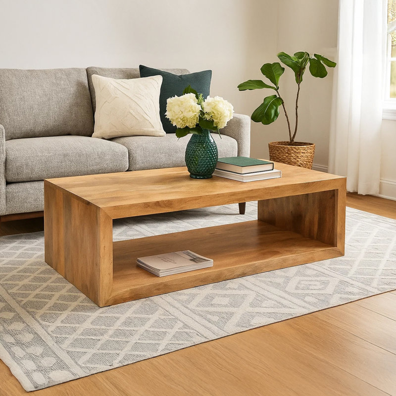 Keli Walpole 58 Inch Cube Shaped Wooden Coffee Table with Open Bottom Shelf, Natural Brown