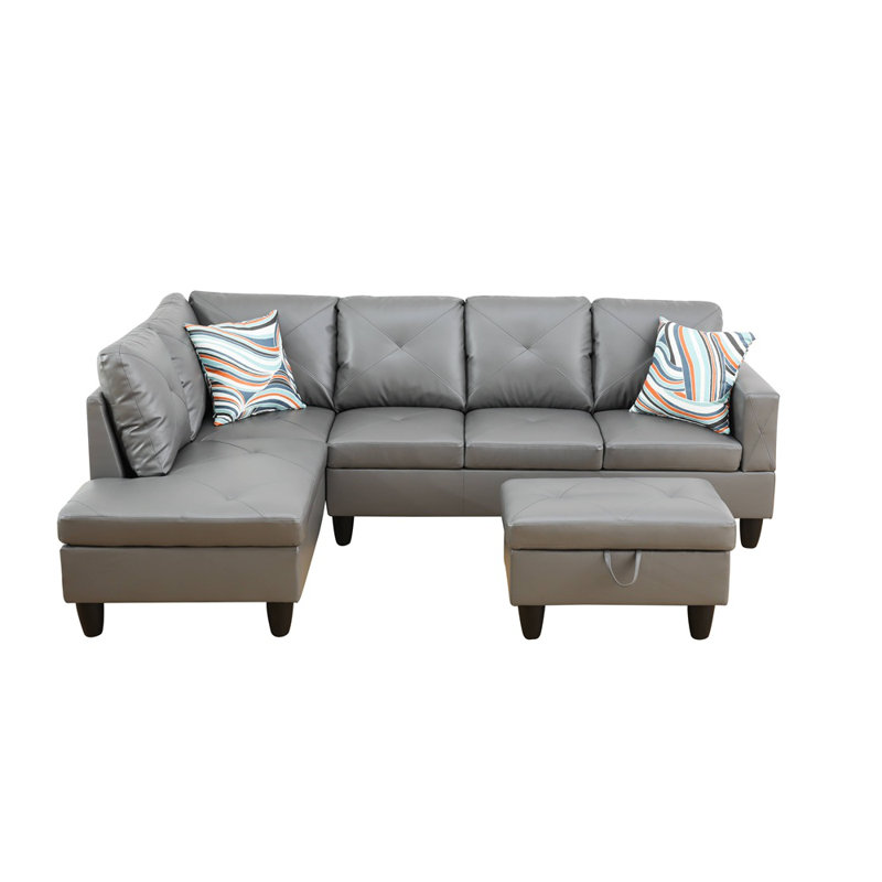 Halid Wide Sofa & Chaise with Ottoman, Left Hand Facing, Faux Leather Burgundy